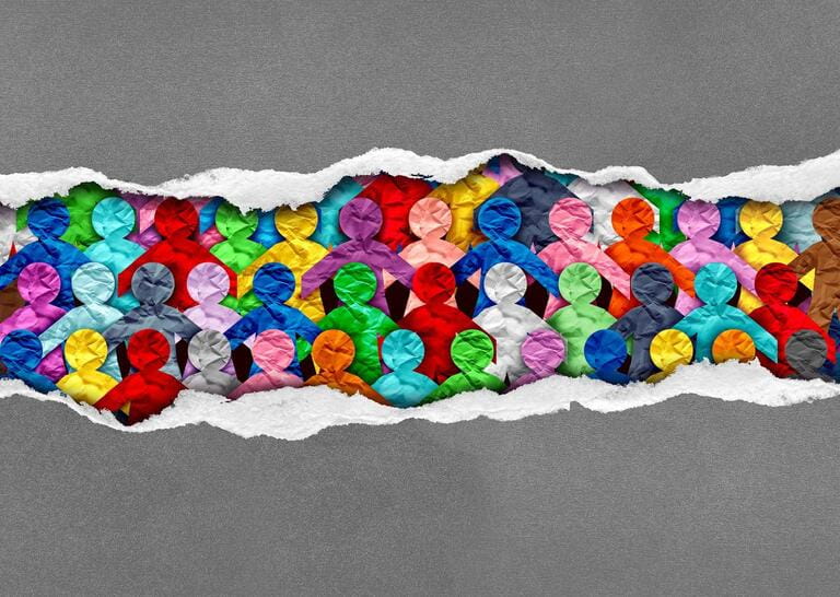 Discovering Diverse Culture and social justice inclusion as a group of people from different cultures under torn paper as a symbol for a united society or workplace unity. Discovering Diverse Culture and social justice inclusion as a group of people from different cultures under torn paper as a symbol for a united society or workplace unity.