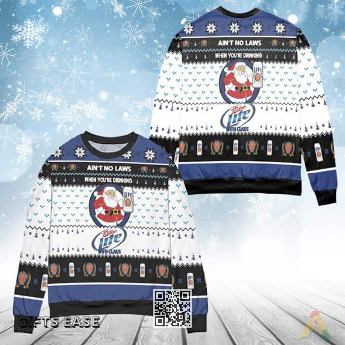 Ain't No Laws When You’re Drinking Miller Lite With Santa Claus Ugly Christmas Sweater Gift For Beer Lovers