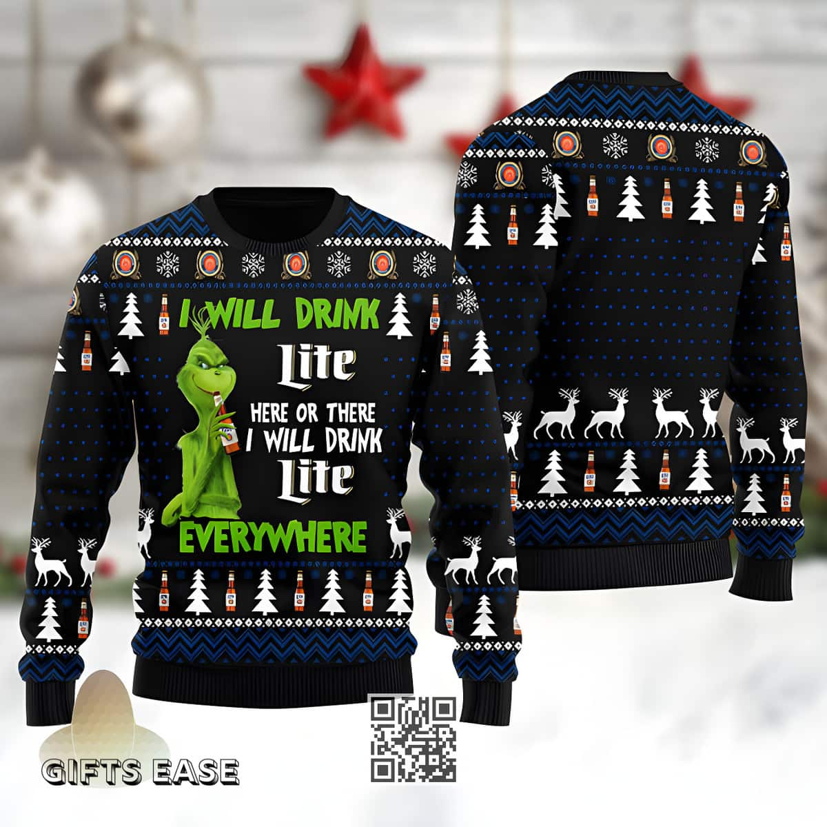 Funny Grinch I Will Drink Miller Lite Beer Everywhere Ugly Christmas Sweater Gift For Son From Mom