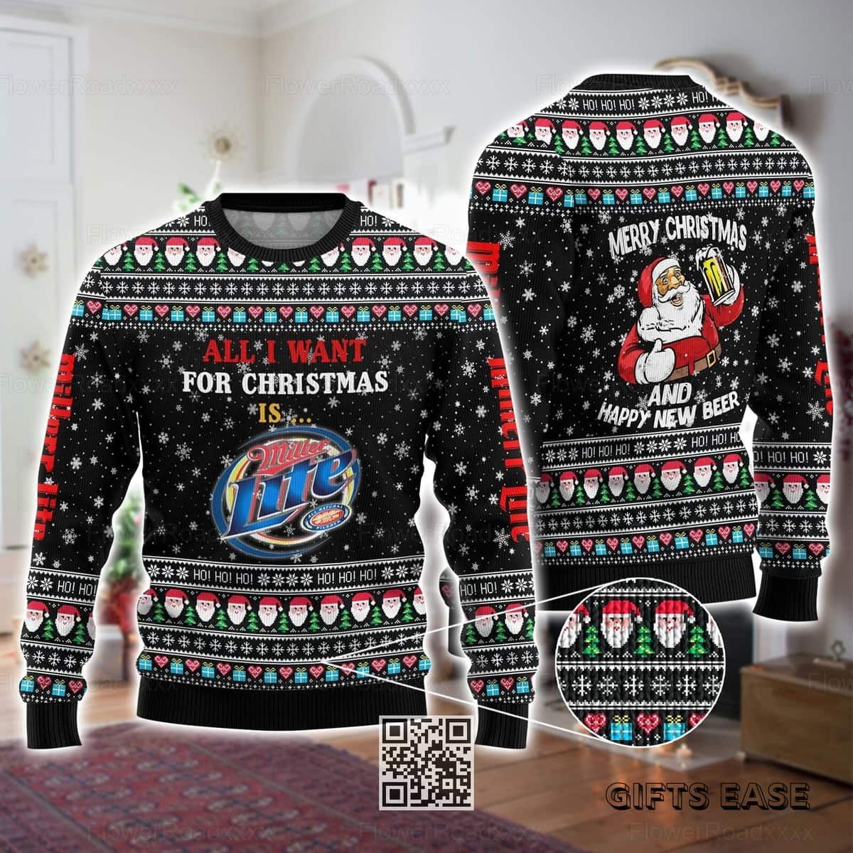 Funny All I Want For Christmas Is Miller Lite Beer Ugly Christmas Sweater Gift For Him