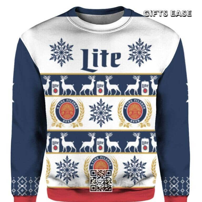 Miller Lite Ugly Christmas Sweater Reindeer Snowflakes Pattern Gift For Beer Lovers