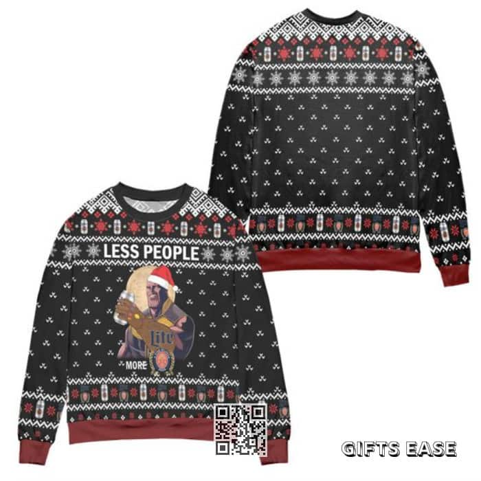 Thanos Less People More Miller Lite Ugly Christmas Sweater Snowflake Pattern Beer Lovers Gift