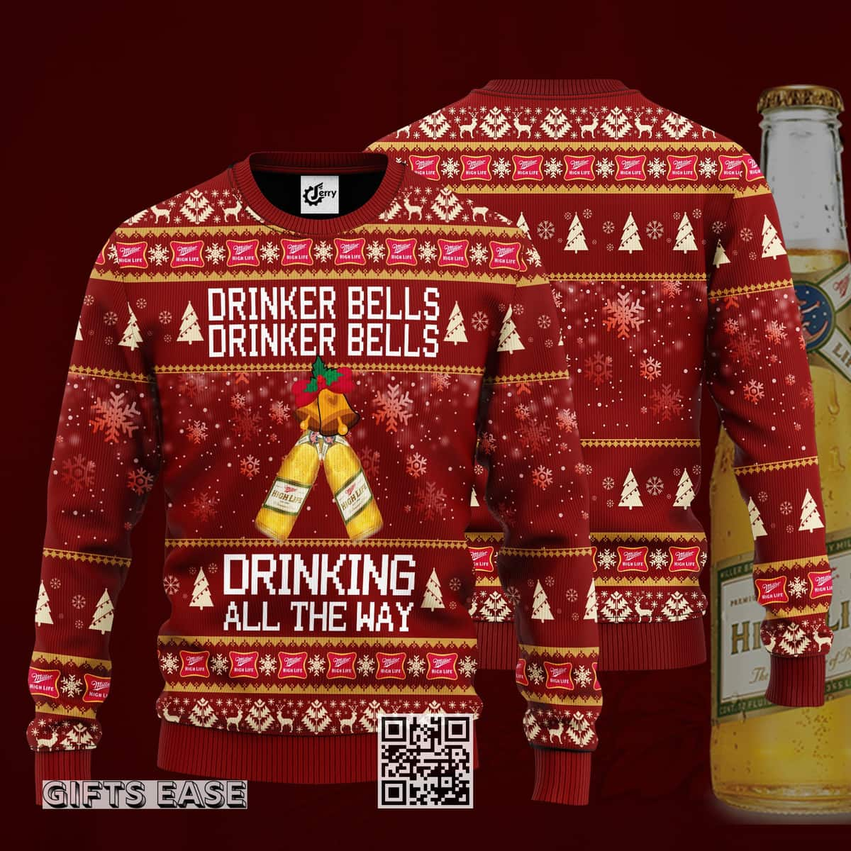 Drinker Bells Drinking All The Way Miller High Life Beer Ugly Christmas Sweater