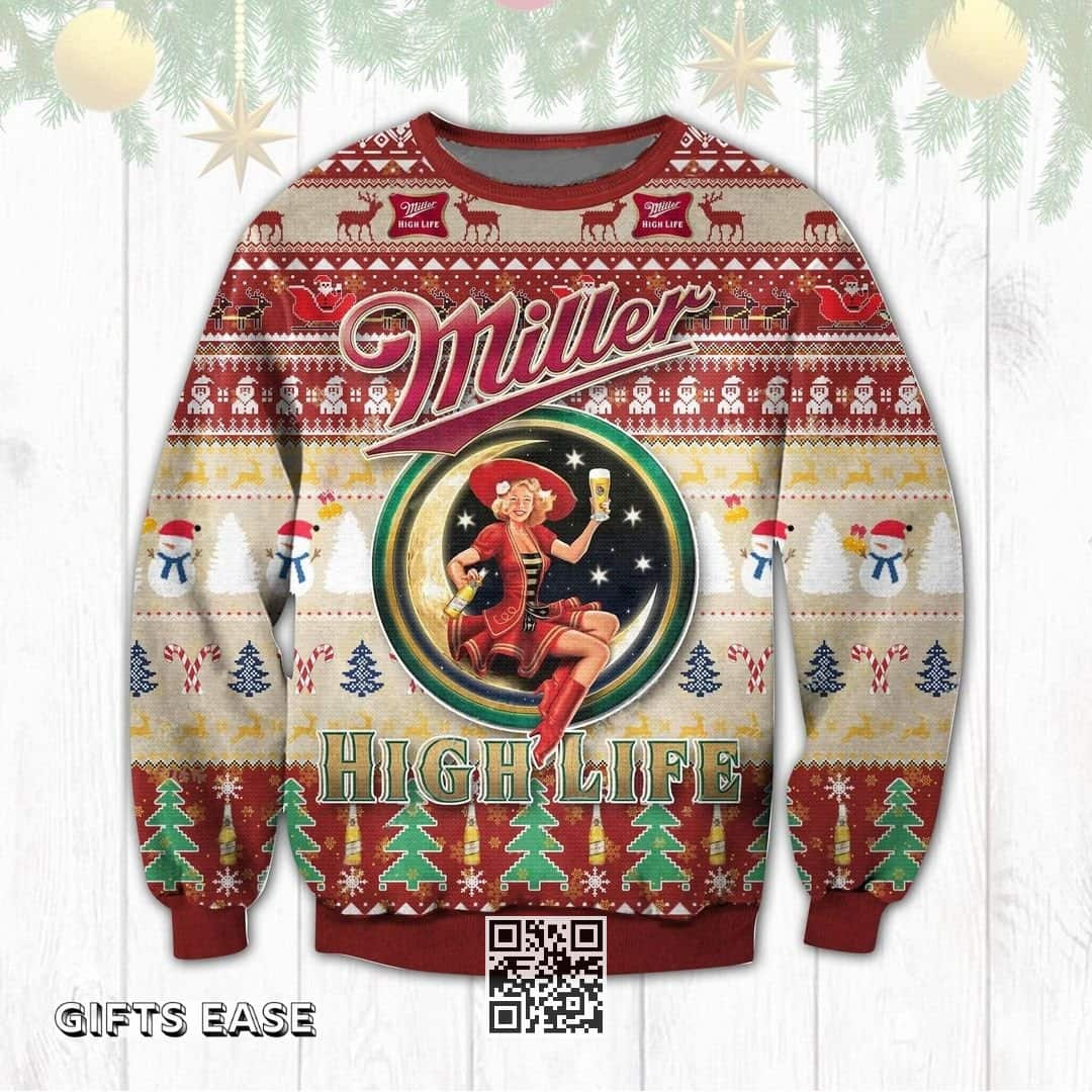 Miller High Life Beer Ugly Christmas Sweater Cool Gift For Girlfriend