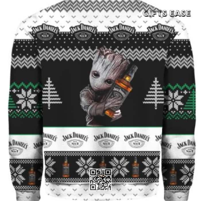 Black And White Marvel Groot Loves Jack Daniels Ugly Christmas Sweater Gift For Whiskey Drinkers