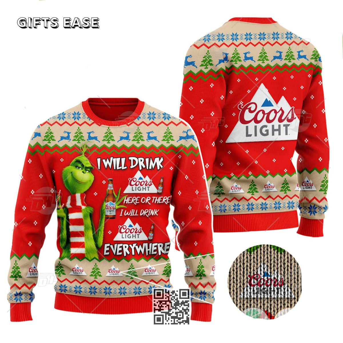 Funny Grinch I Will Drink Coors Light Beer Everywhere Ugly Christmas Sweater