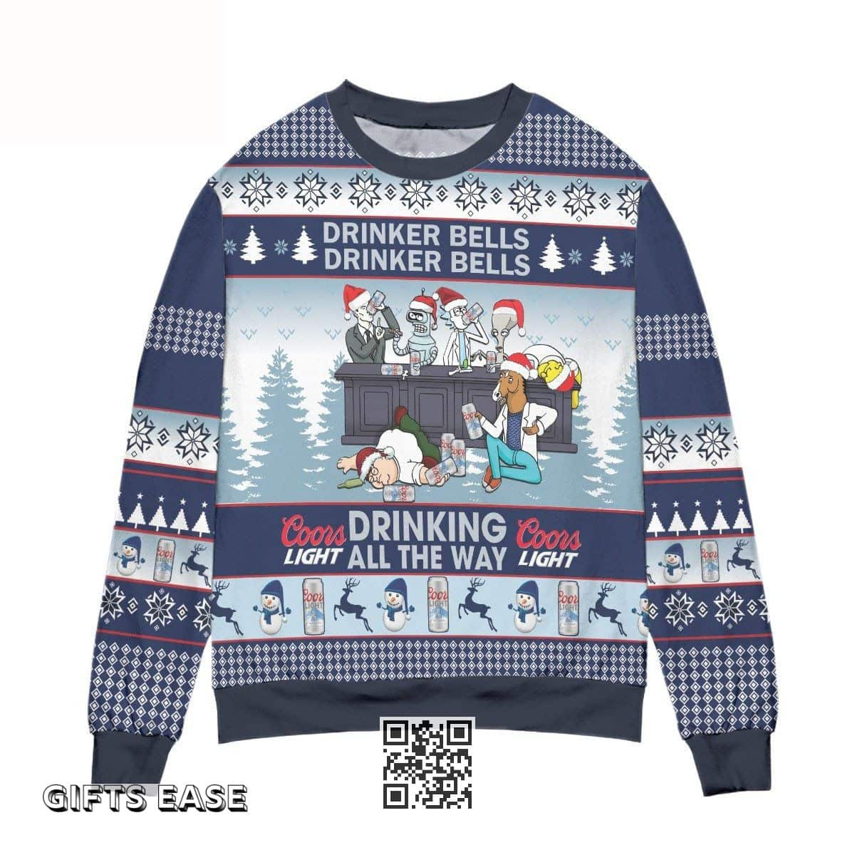 Drinker Bells Drinking All The Way Coors Light Beer Ugly Christmas Sweater Gift For Friends