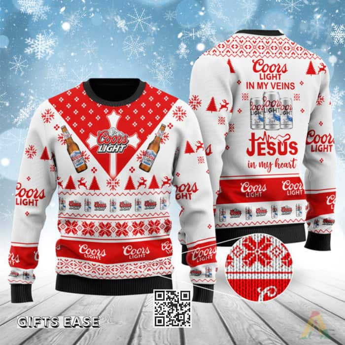 Coors Light Ugly Christmas Sweater In My Veins Jesus In My Heart Birthday Gift For Sister