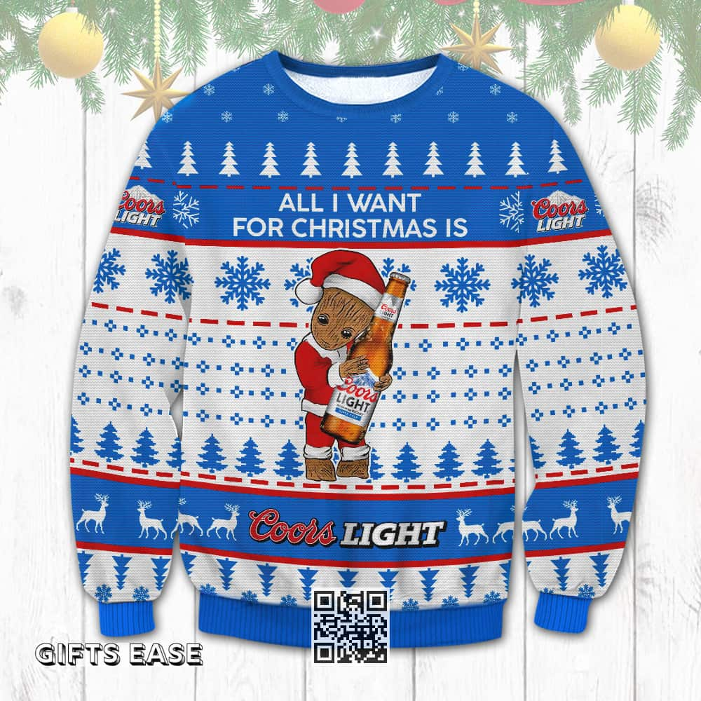 Marvel Groot Loves Coors Light Beer All I Want For Christmas Ugly Christmas Sweater