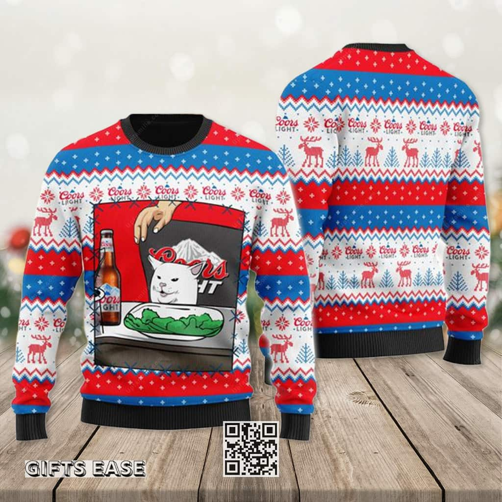 Coors Light Ugly Christmas Sweater Funny Cat Meme Gift For Beer Lovers