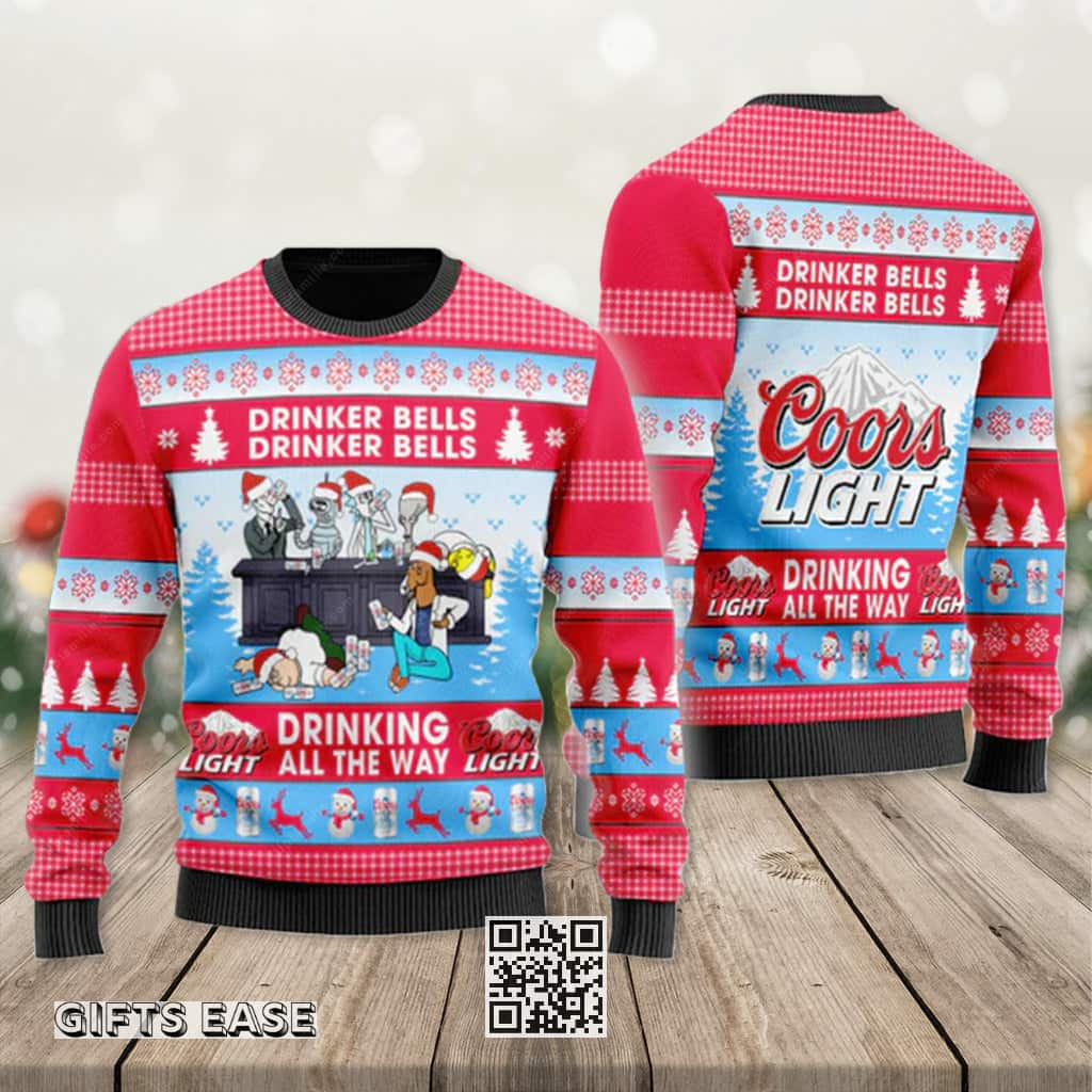 Funny Coors Light Beer Ugly Christmas Sweater Drinker Bells Drinking All The Way