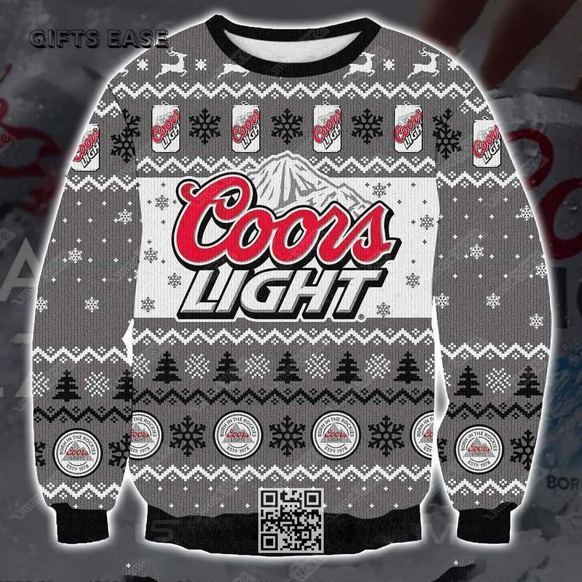 Coors Light Beer Ugly Christmas Sweater Gray And White Snowflakes And Pine Trees 