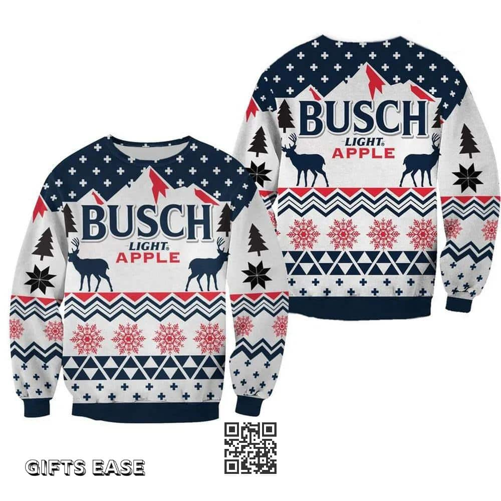 Vintage Busch Light Apple Beer Ugly Christmas Sweater Christmas Deers And Snowflakes 