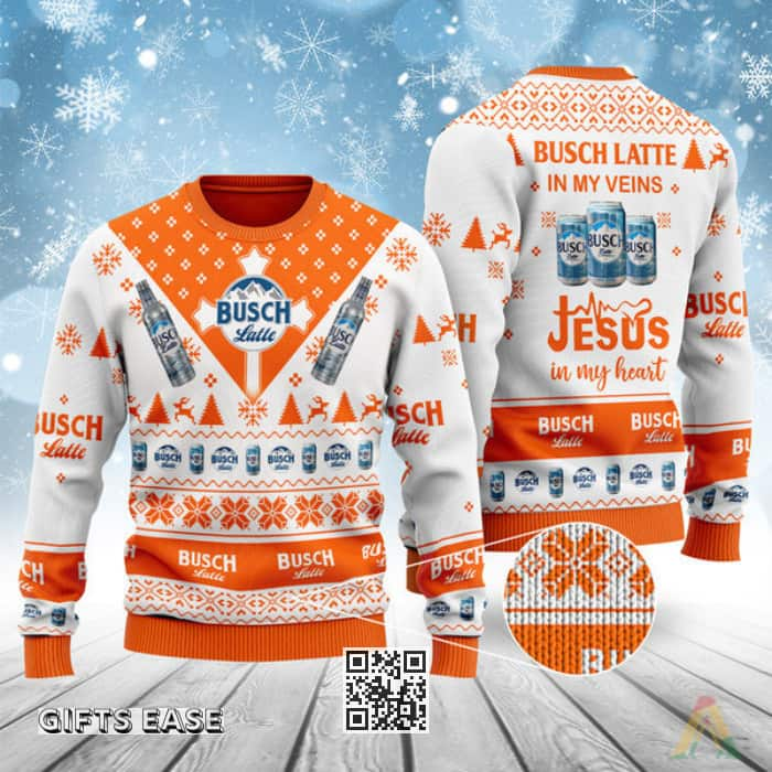 Busch Latte Ugly Christmas Sweater In My Veins Jesus In My Heart Creative Gift For Beer Lovers