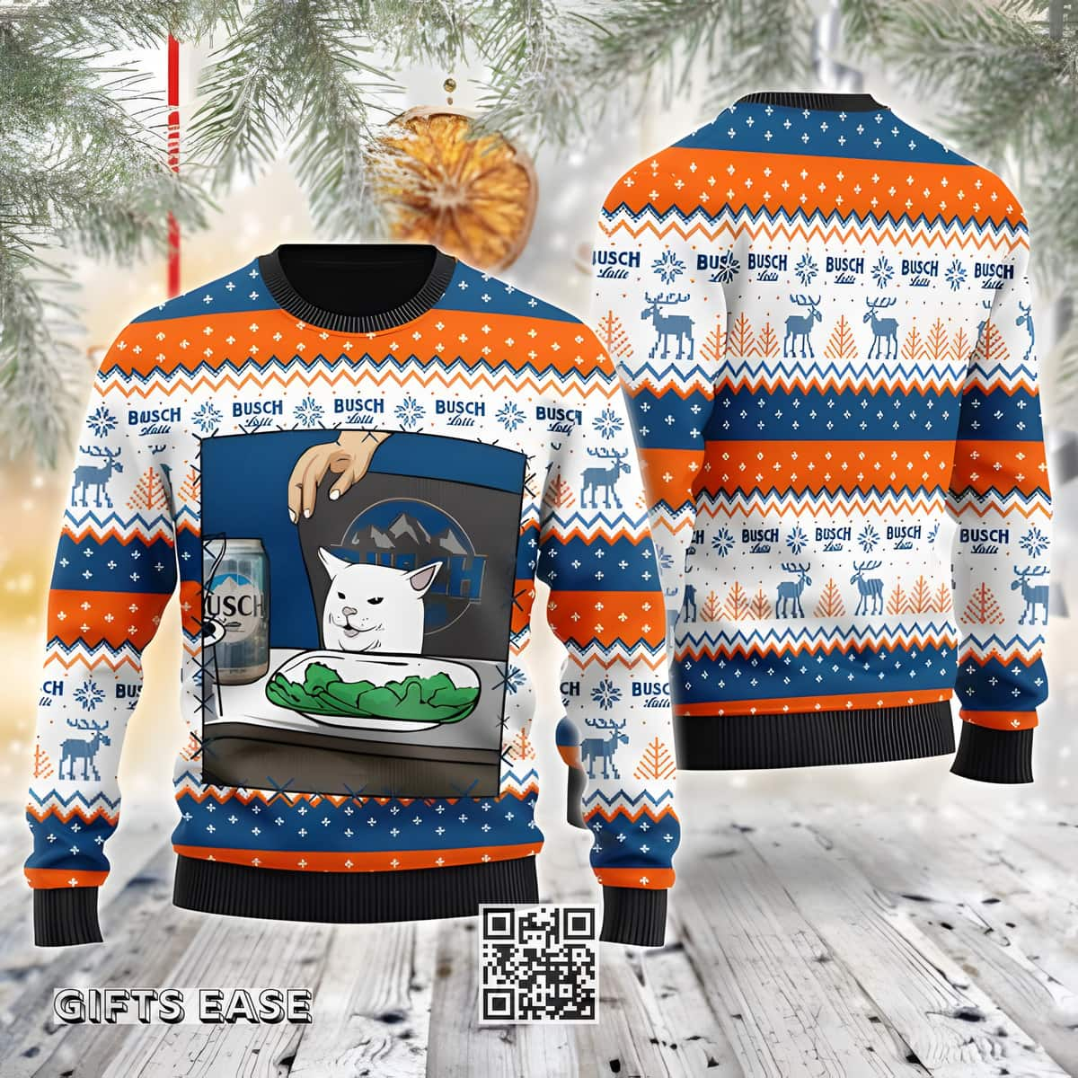 Busch Latte Ugly Christmas Sweater Funny Smudge The Cat Loves Busch Beer Lovers Gift