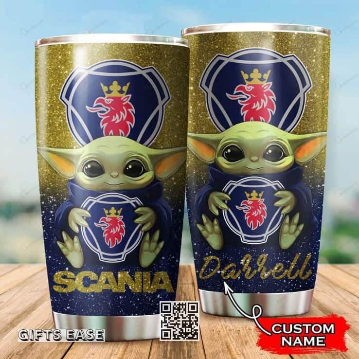 Yellow Scania Baby Yoda Tumbler Gift For Son Custom Name 