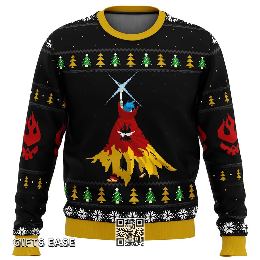 Gurren Lagann Kamina Ugly Christmas Sweater Pine Trees And Snowflakes Pattern