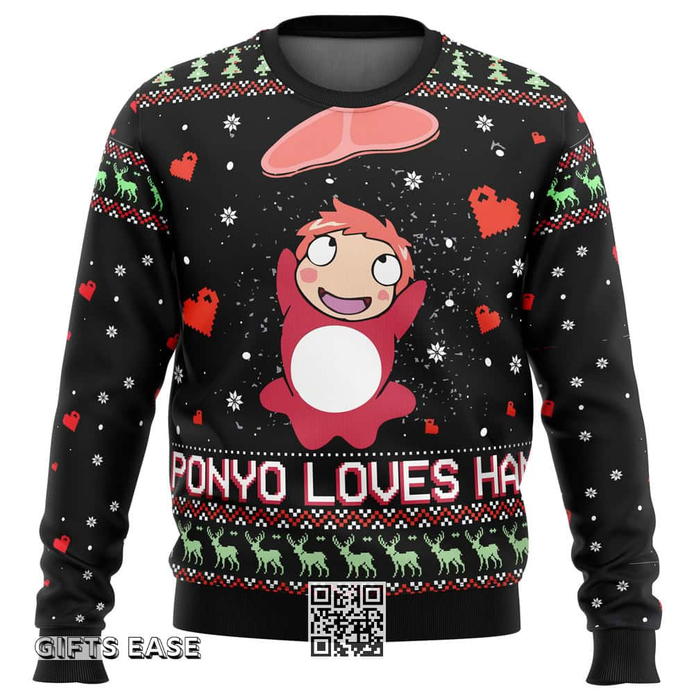 Black Ghibli Ponyo Loves Ham Ugly Christmas Sweater