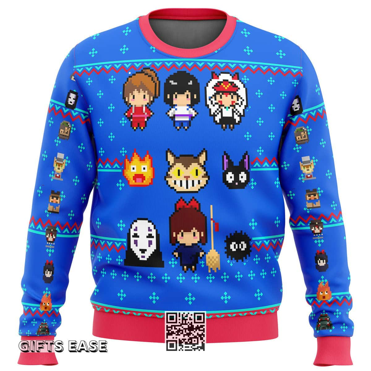 Blue Studio Ghibli Ugly Christmas Sweater Snowflake Pattern