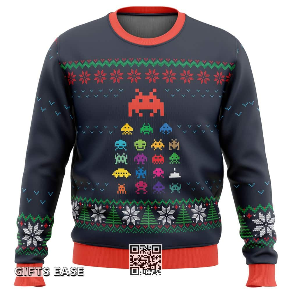 Space Invaders Ugly Christmas Sweater Snowflake Pattern