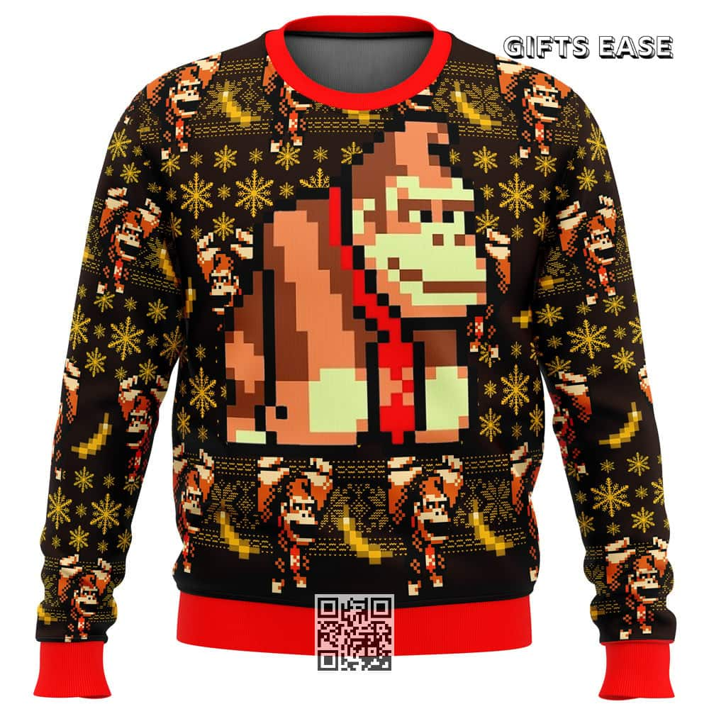 Donkey Kong Sprite Ugly Christmas Sweater Snowflakes Pattern