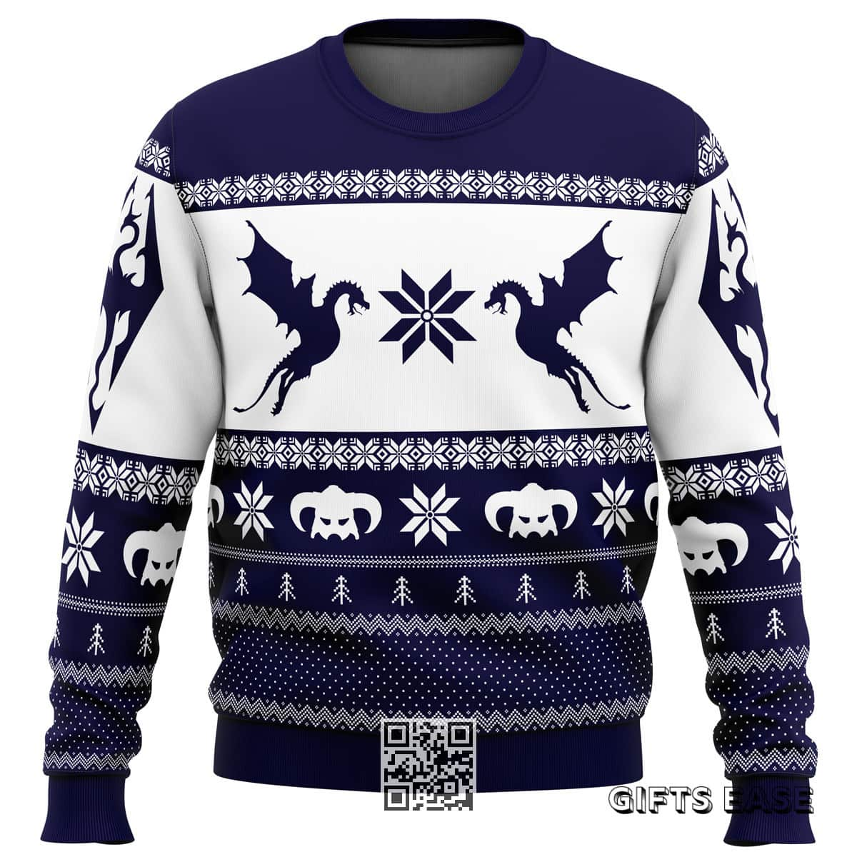 Midnight White Skyrim Dragon Ugly Christmas Sweater