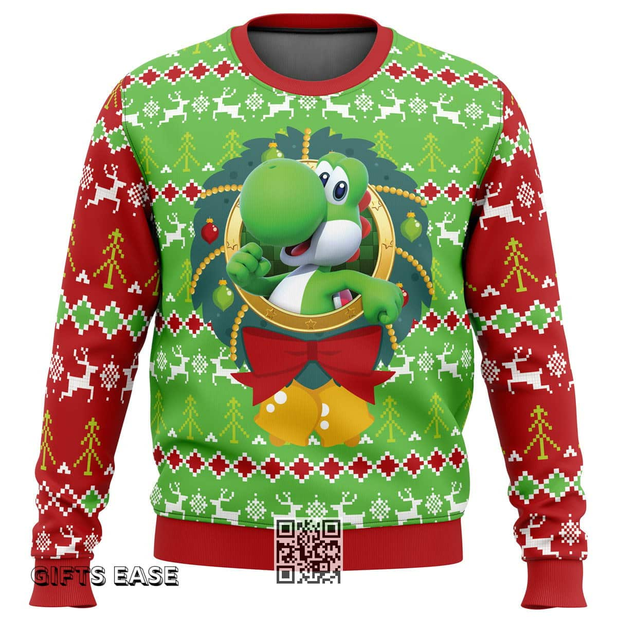 Yoshi Super Mario Ugly Christmas Sweater Reindeer Snowflake Pattern