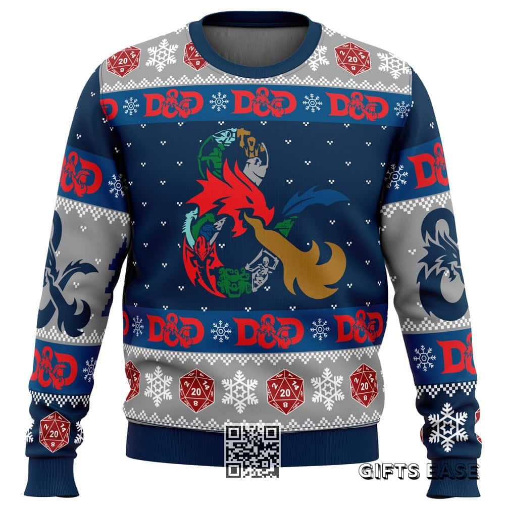 D-20 Dungeons & Dragons Ugly Christmas Sweater Snowflakes Pattern