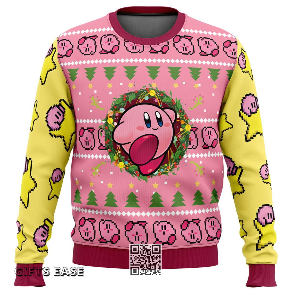 Pink Yellow Kirby Ugly Christmas Sweater Pine Tree