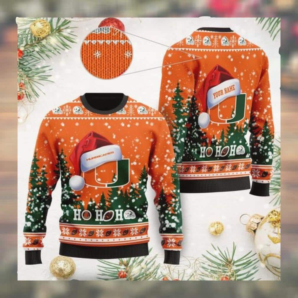 Miami Hurricanes NCAA Ugly Christmas Sweater Ho Ho Ho Custom Name