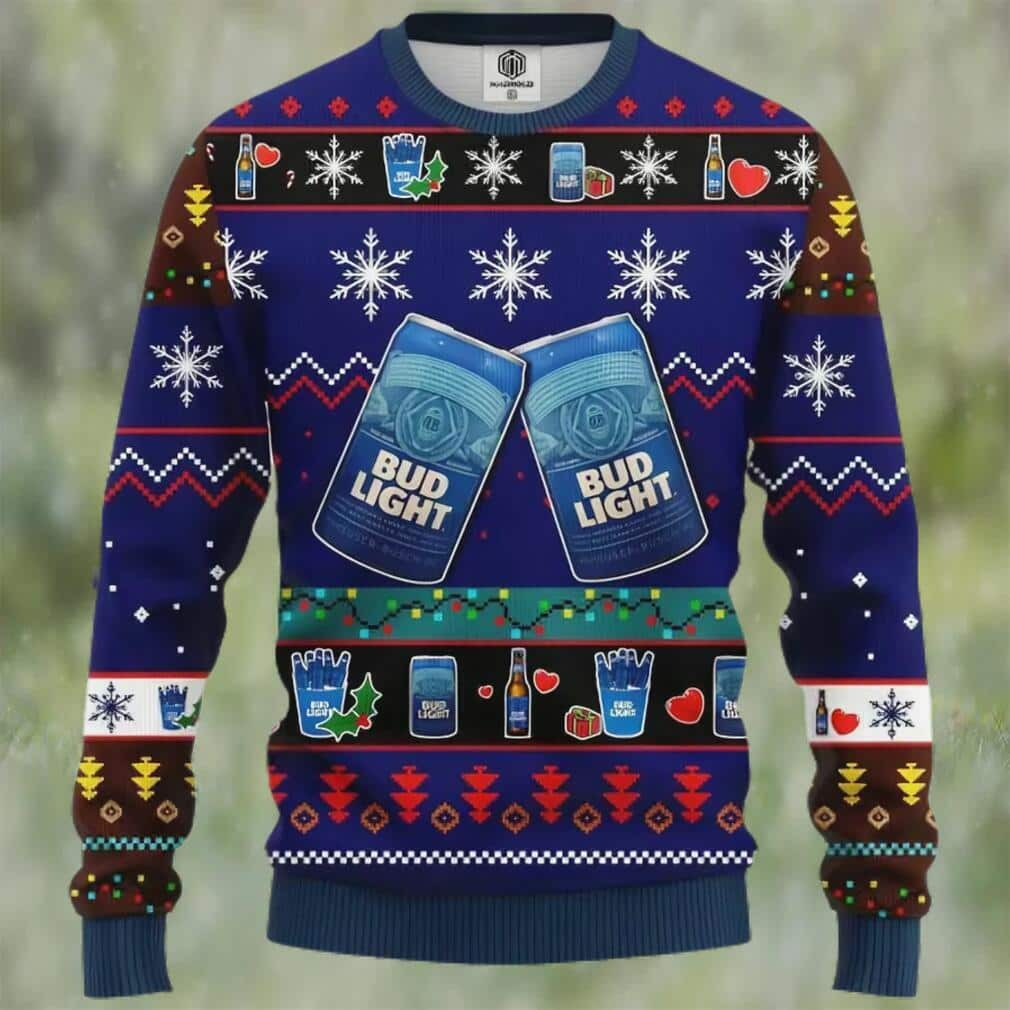 Bud Light Beer Ugly Christmas Sweater Snowflakes Pattern