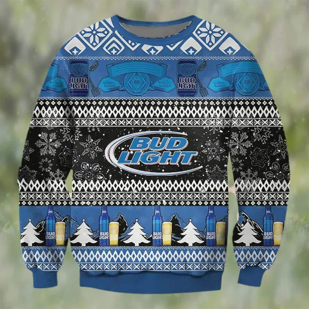 Black Blue Bud Light Beer Ugly Christmas Sweater Snowflakes Pattern