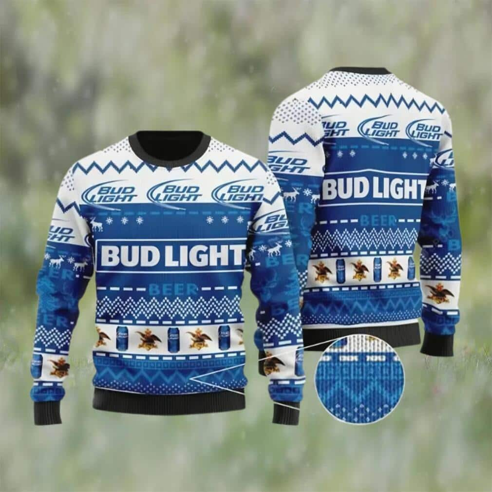 White Blue Bud Light Beer Ugly Christmas Sweater