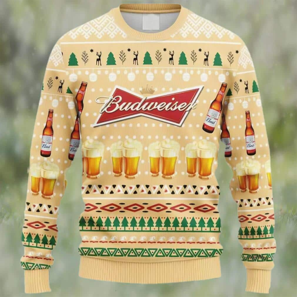 Budweiser Beer Ugly Christmas Sweater Pine Tree Reindeer