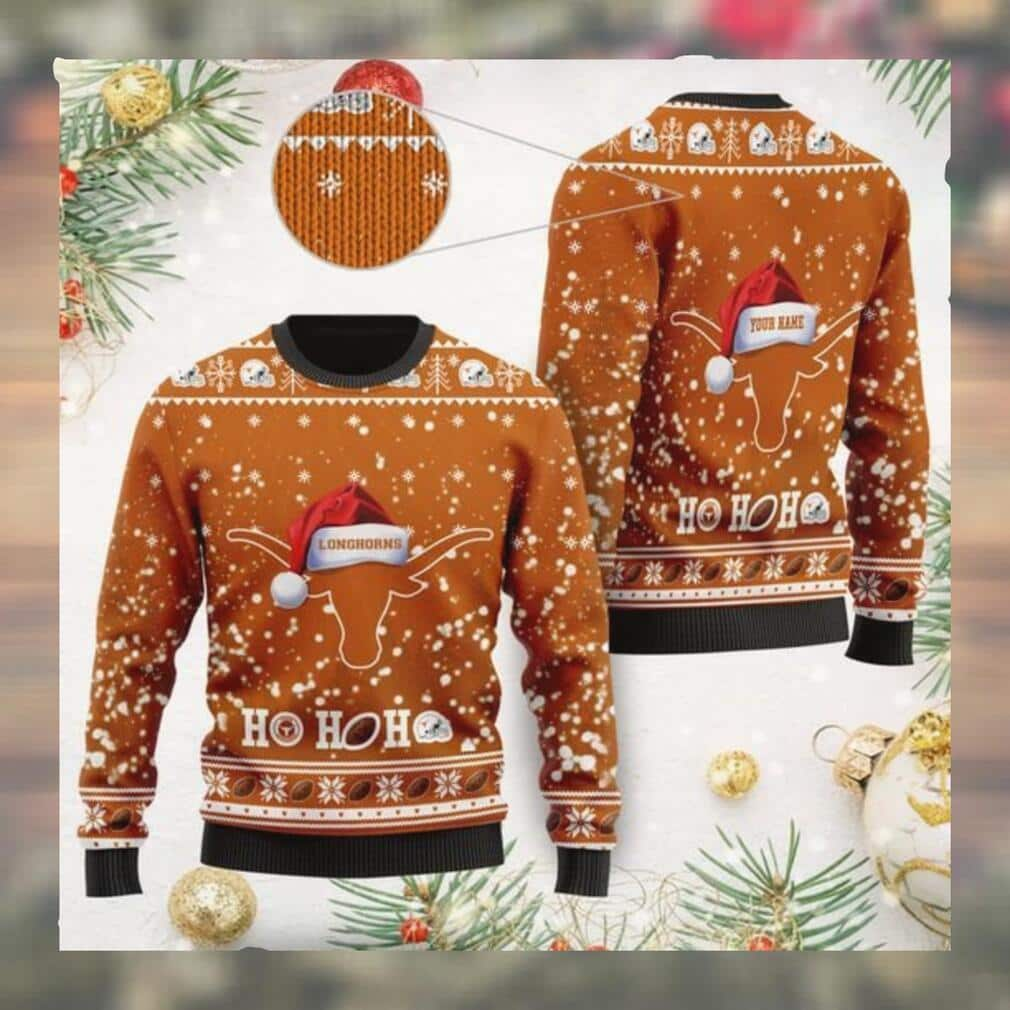 NCAA Texas Longhorns Ugly Christmas Sweater Ho Ho Ho Custom Name