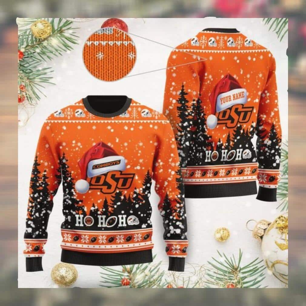 NCAA Oklahoma State Cowboys Ugly Christmas Sweater Ho Ho Ho Custom Name