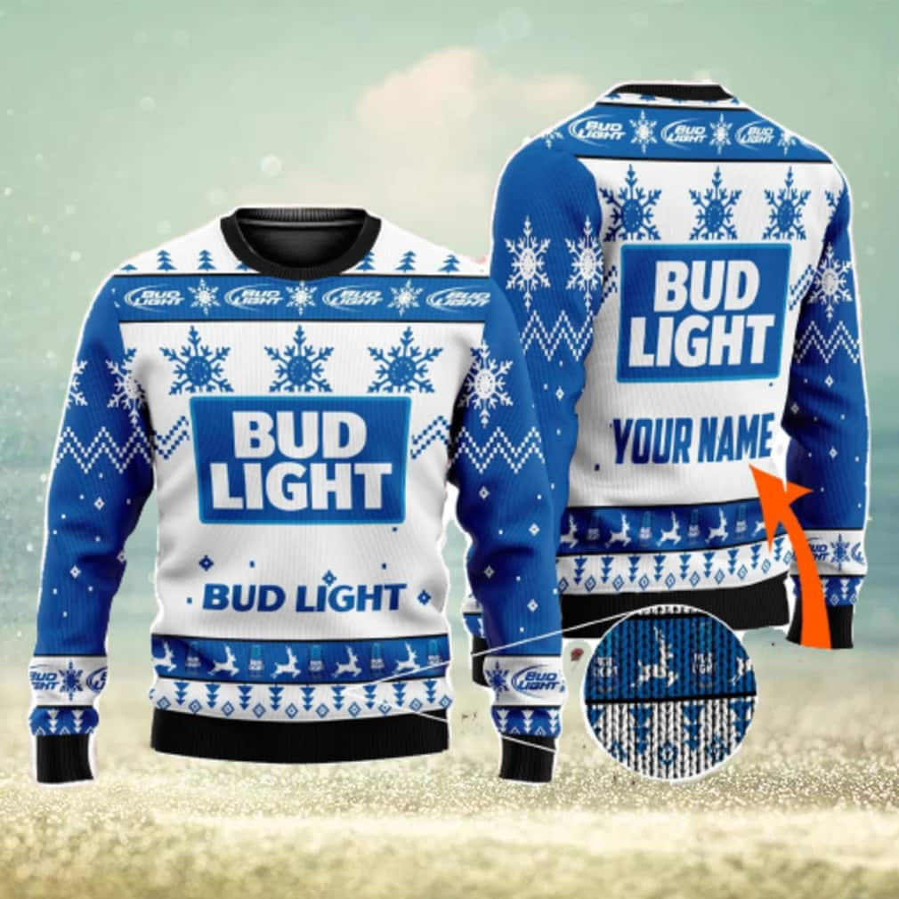 Bud Light Beer Ugly Christmas Sweater Snowflake Pine Tree Custom Name