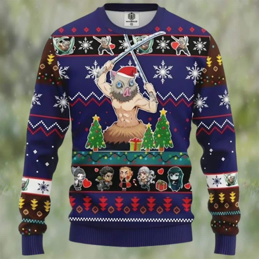 Inosuke Hashibira Demon Slayer Ugly Christmas Sweater Snowflake Pine Tree