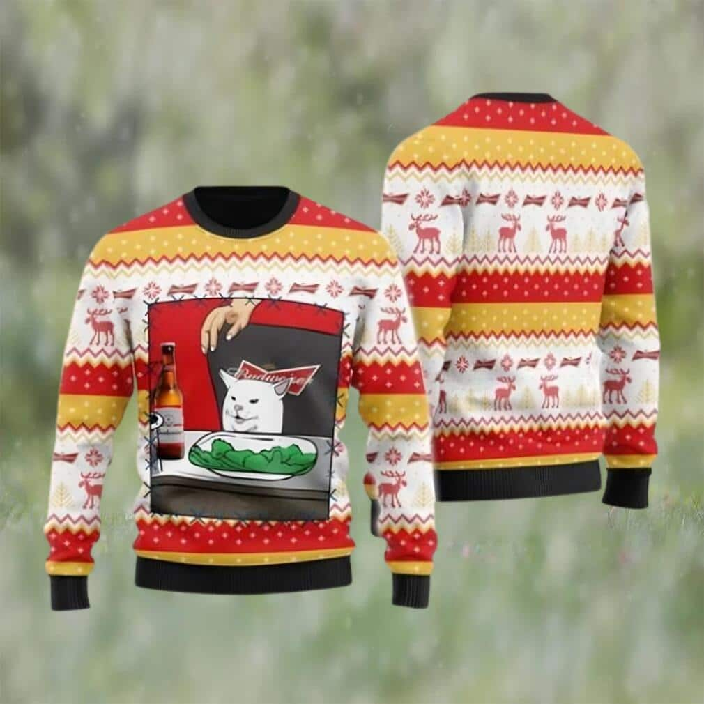 Budweiser Beer Ugly Christmas Sweater Cat Meme