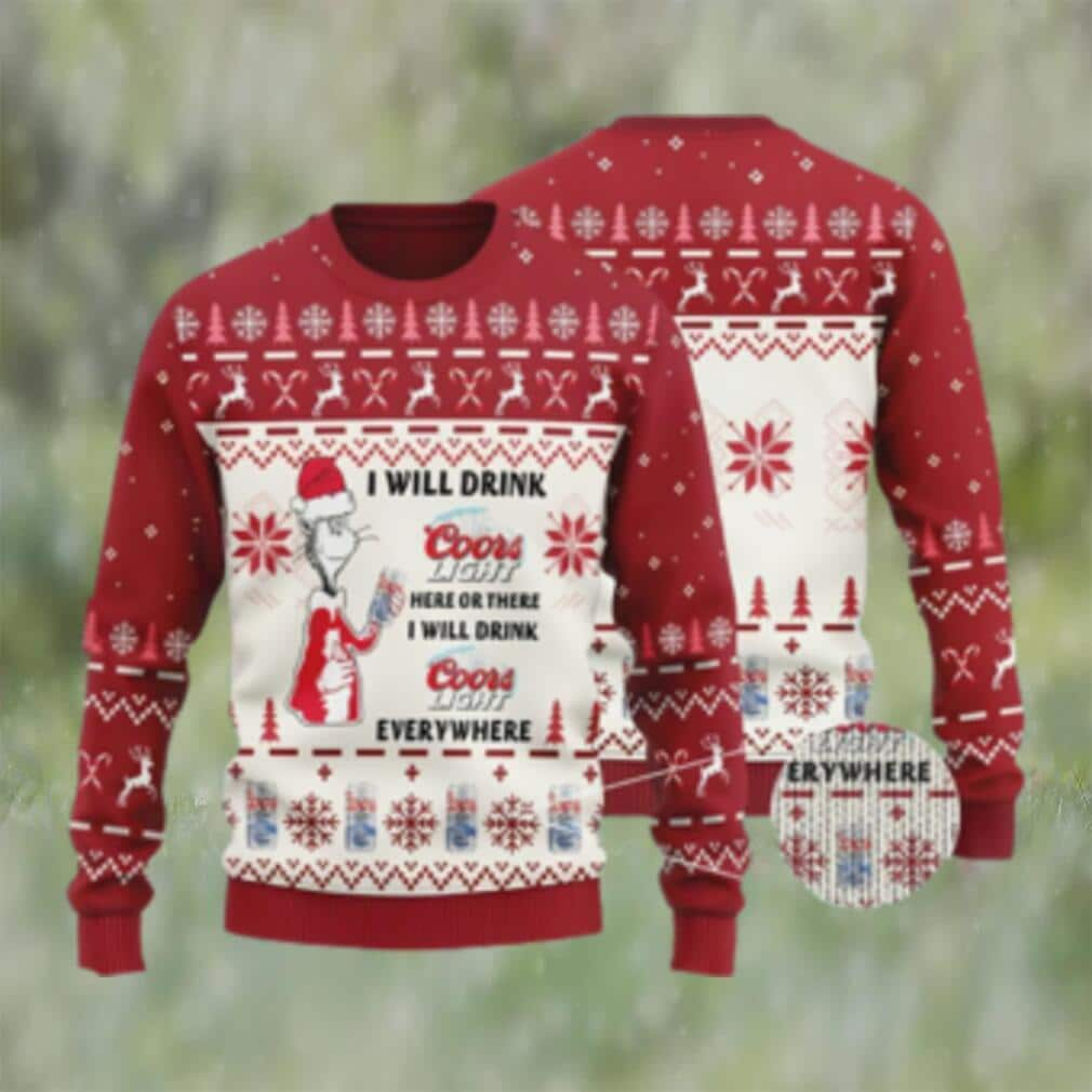 Funny Grinch Ugly Christmas Sweater I Will Drink Coors Light Everywhere