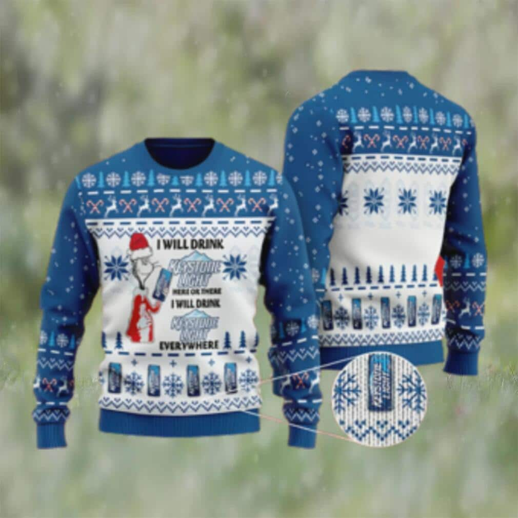 Funny Grinch I Will Drink Keystone Light Everywhere Ugly Christmas Sweater