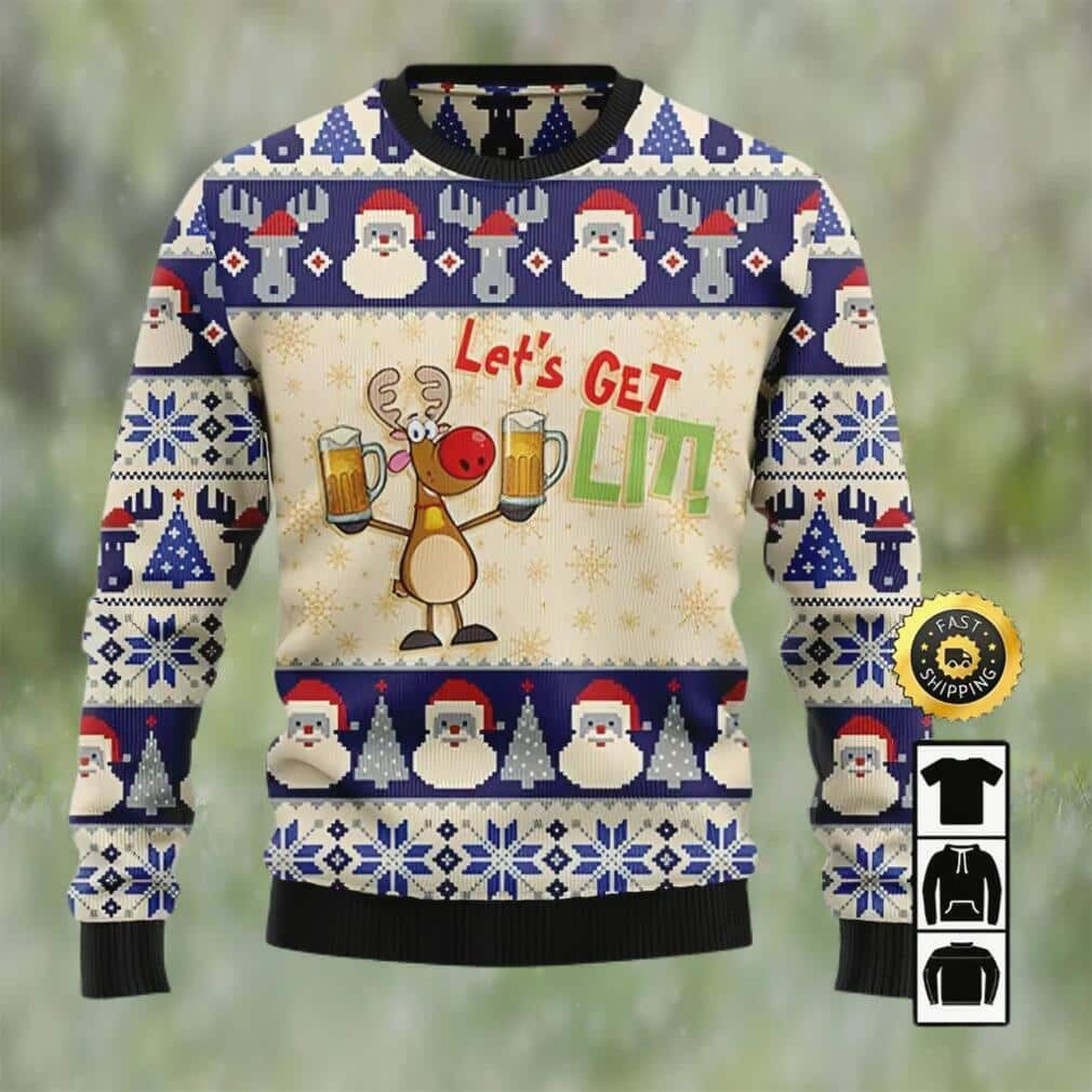 Funny Beer Ugly Christmas Sweater Reindeer Let’s Get Lit