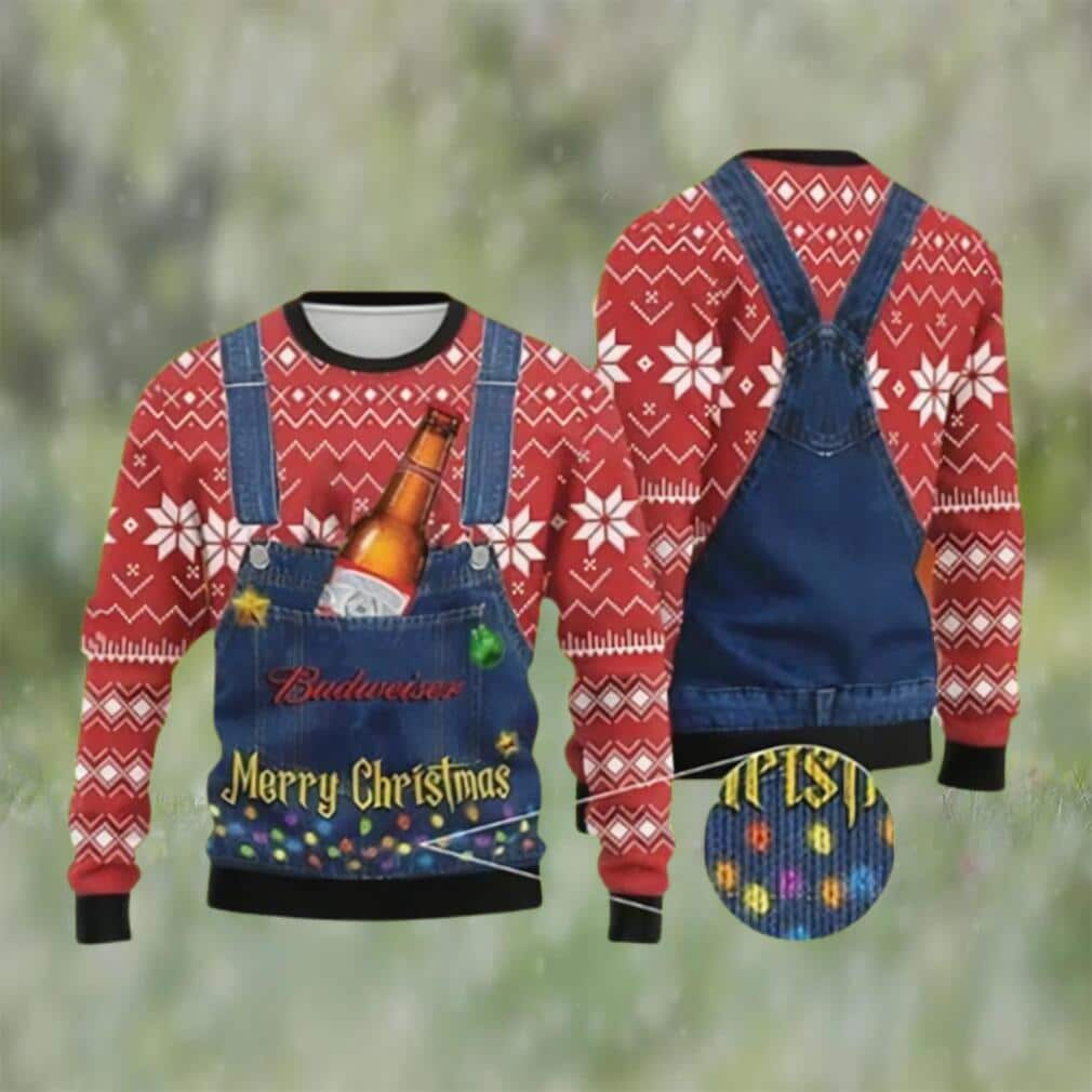 Budweiser Ugly Christmas Sweater Merry Christmas Snowflake Pattern