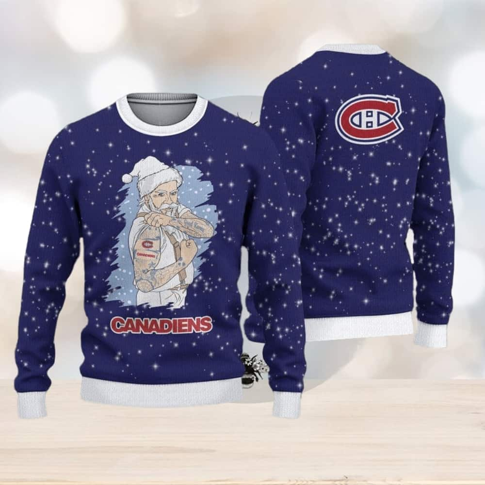 Funny NHL Montreal Canadiens Ugly Christmas Sweater Santa Claus Tattoo