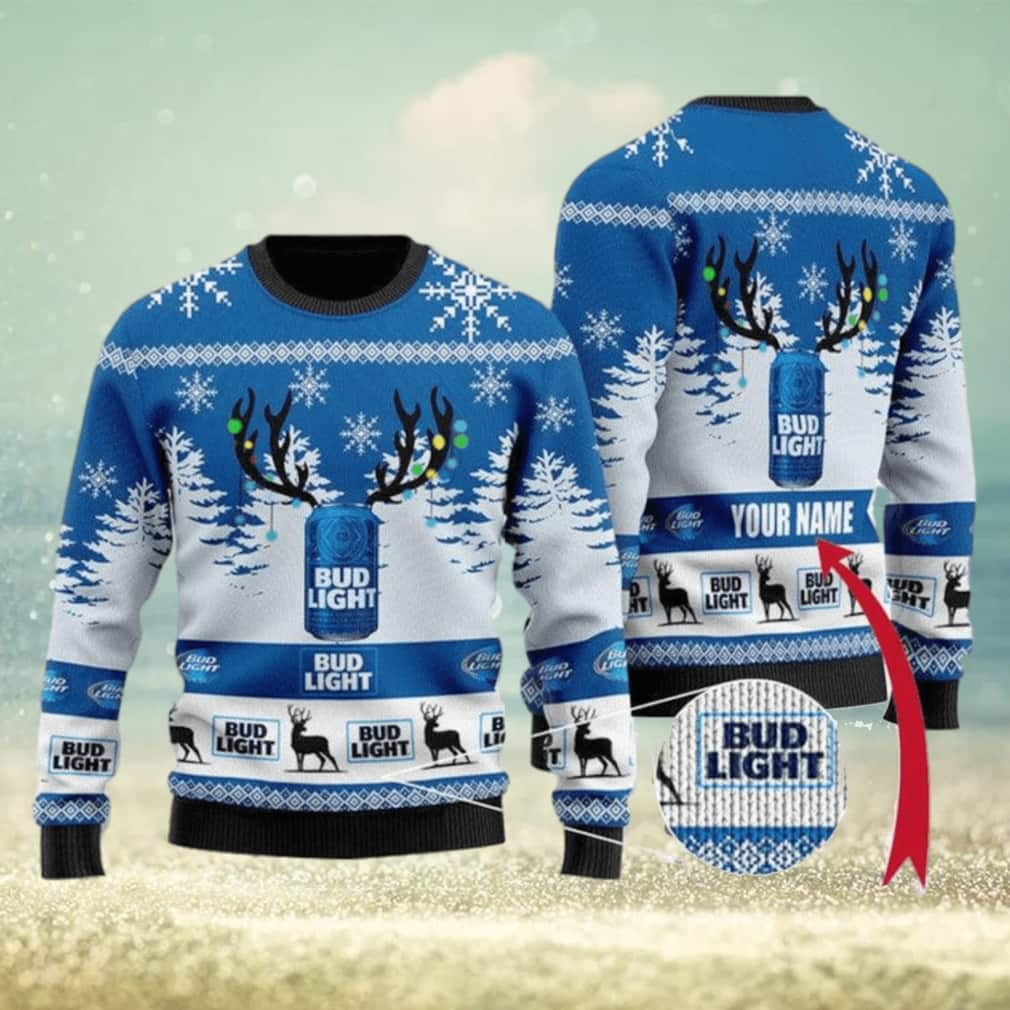 Bud Light Beer Ugly Christmas Sweater Reindeer Custom Name