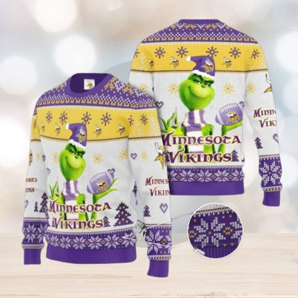 Funny Grinch NFL Minnesota Vikings Ugly Christmas Sweater Snowflake Pattern