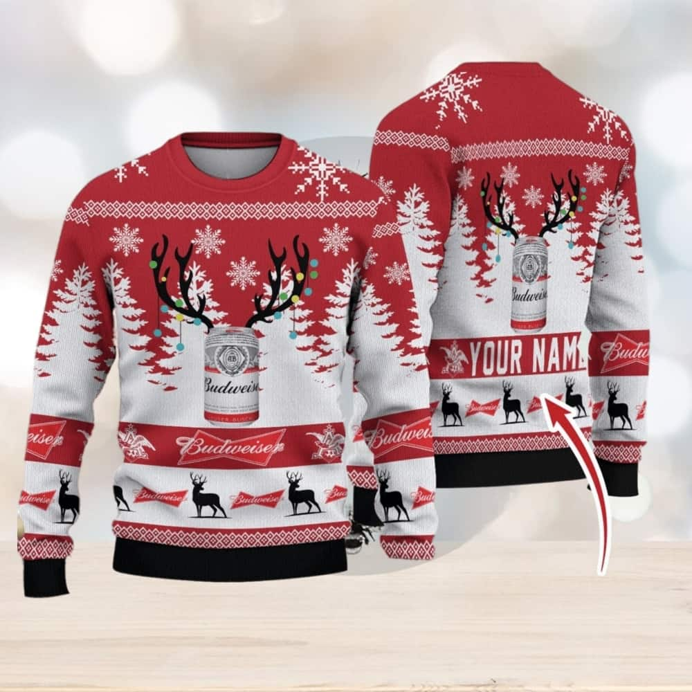 Budweiser Ugly Christmas Sweater Reindeer Custom Name