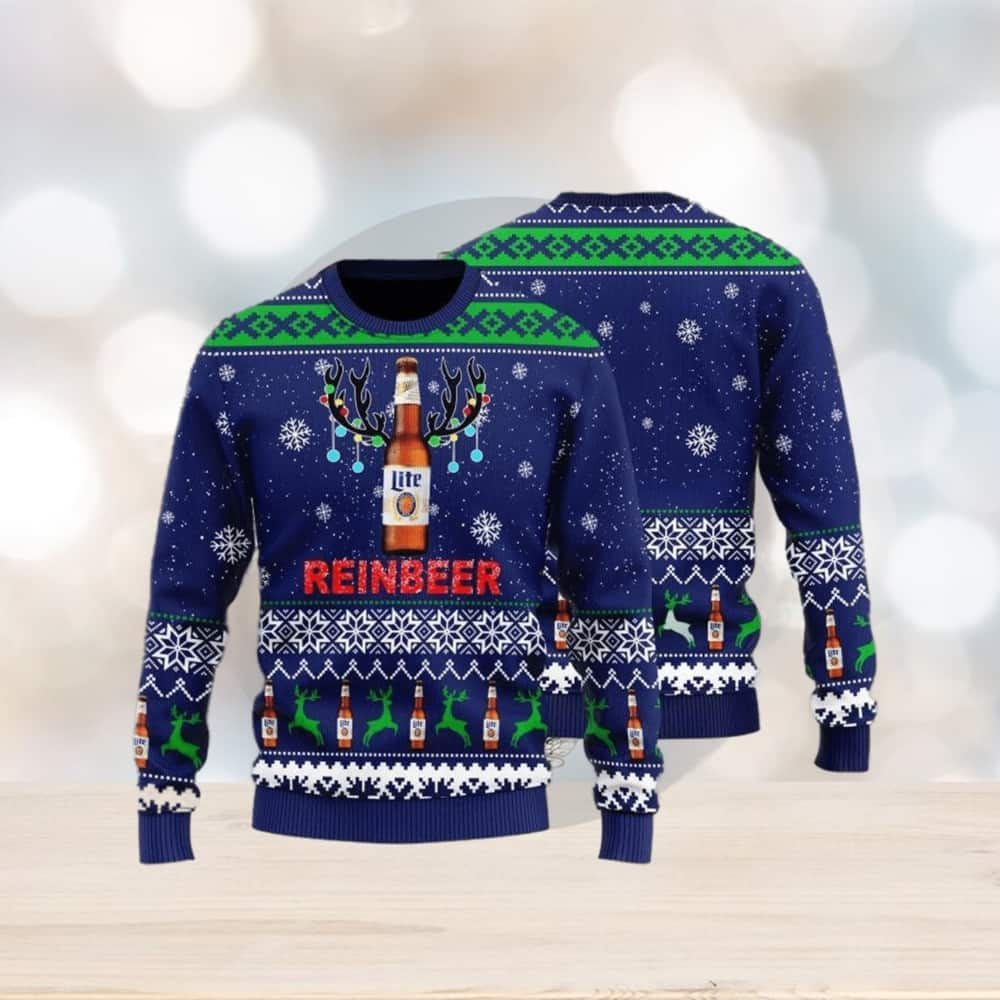 Navy Blue Miller Lite Ugly Christmas Sweater Reinbeer