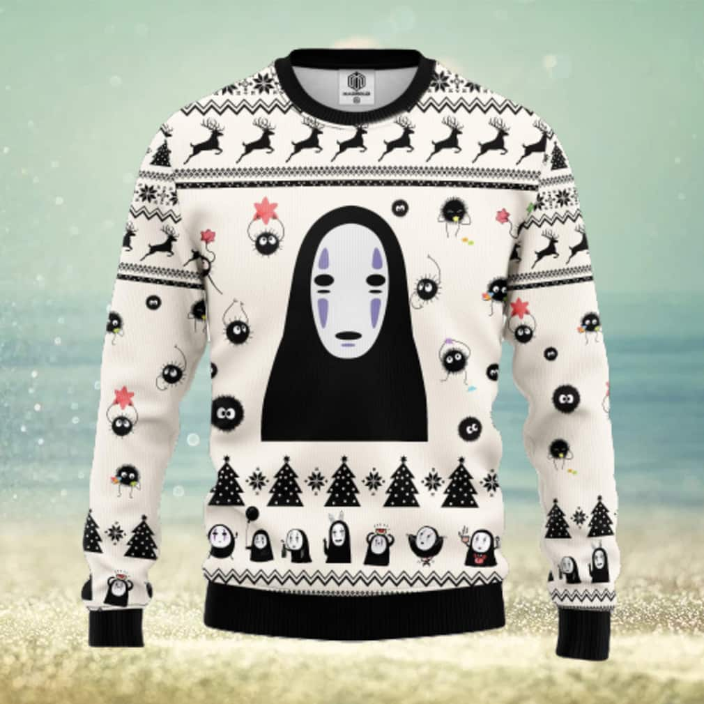 White No Face Ugly Christmas Sweater Reindeer Pine Tree