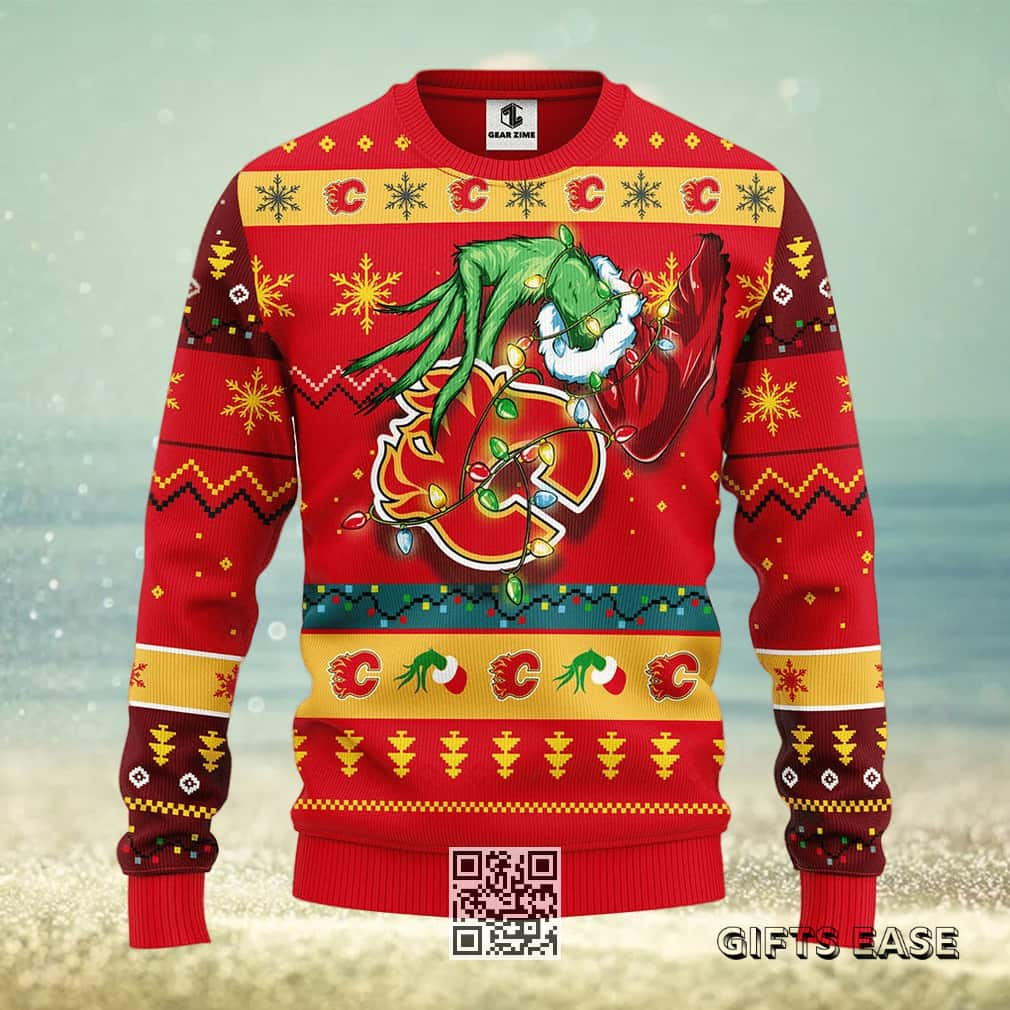 Red Grinch NHL Calgary Flames Ugly Christmas Sweater